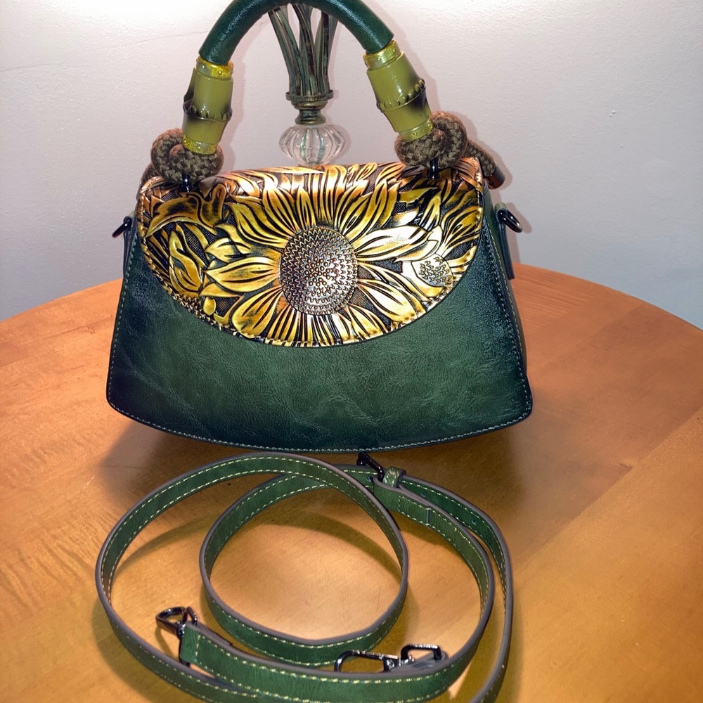 Vintage Floral Motif “Green” PU Leather Satchel w/Bamboo Style Handles (NWOT)